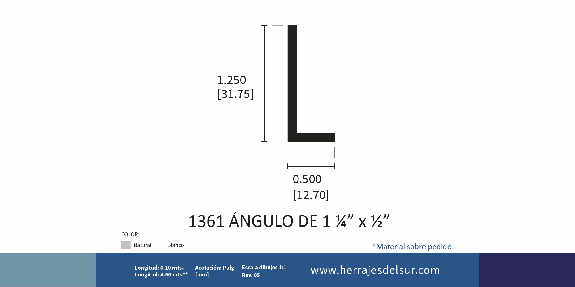 Ángulo de 1 1/4' x 1/2'